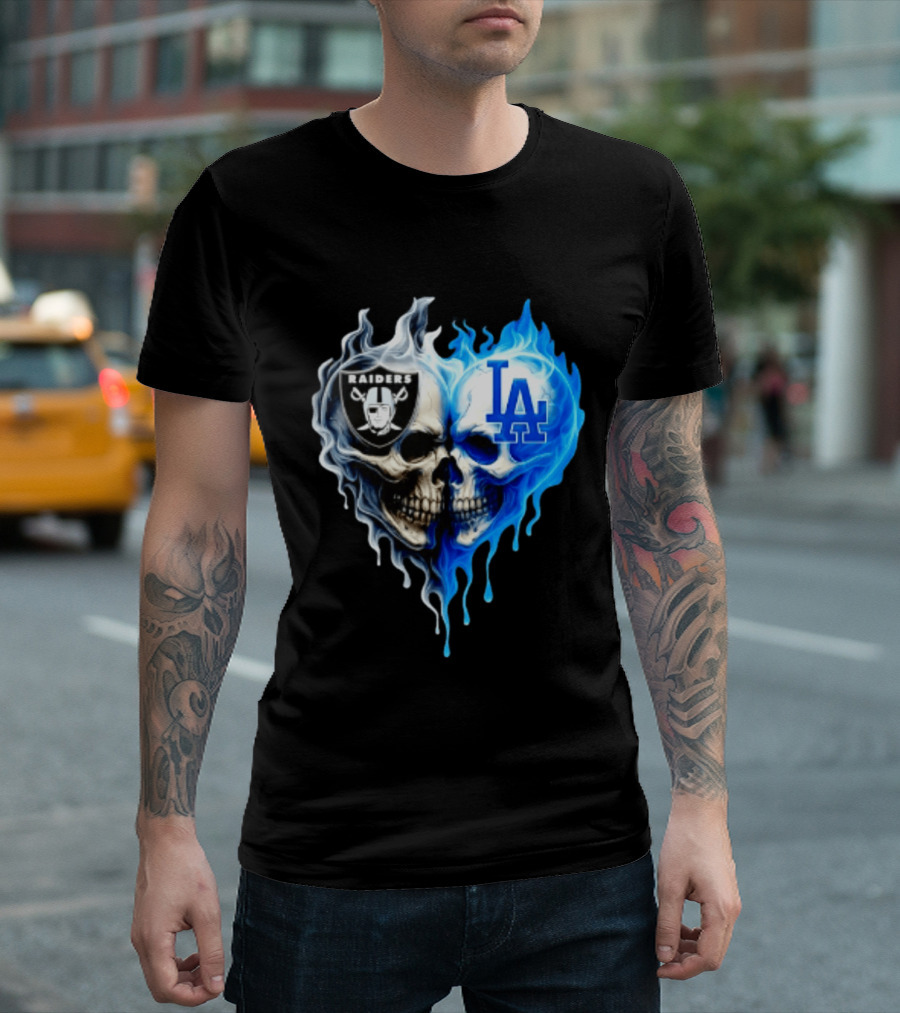 Las Vegas Raiders Los Angeles Dodgers Skulls Heart Blue Flames T-Shirt