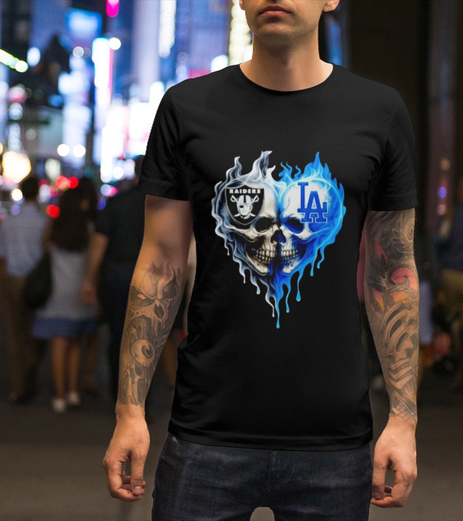 Las Vegas Raiders Los Angeles Dodgers Skulls Heart Blue Flames T-Shirt