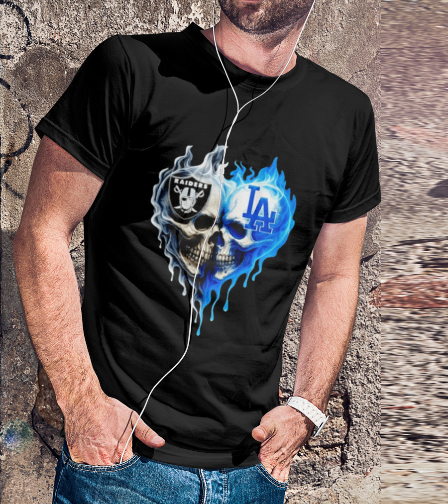 Las Vegas Raiders Los Angeles Dodgers Skulls Heart Blue Flames T-Shirt