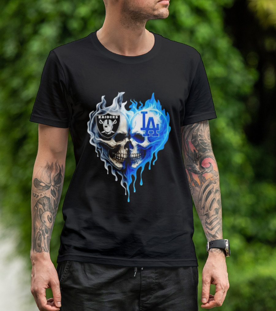Las Vegas Raiders Los Angeles Dodgers Skulls Heart Blue Flames T-Shirt