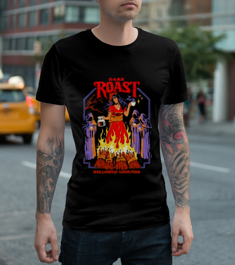 Dark Roast Hallowed Grounds Coffee Witch Brewing Flames And Rituals T-Shirt