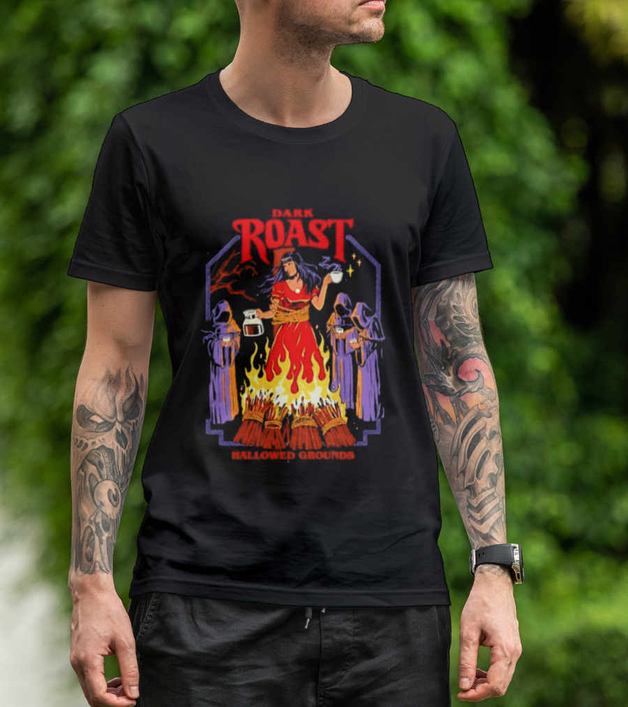 Dark Roast Hallowed Grounds Coffee Witch Brewing Flames And Rituals T-Shirt