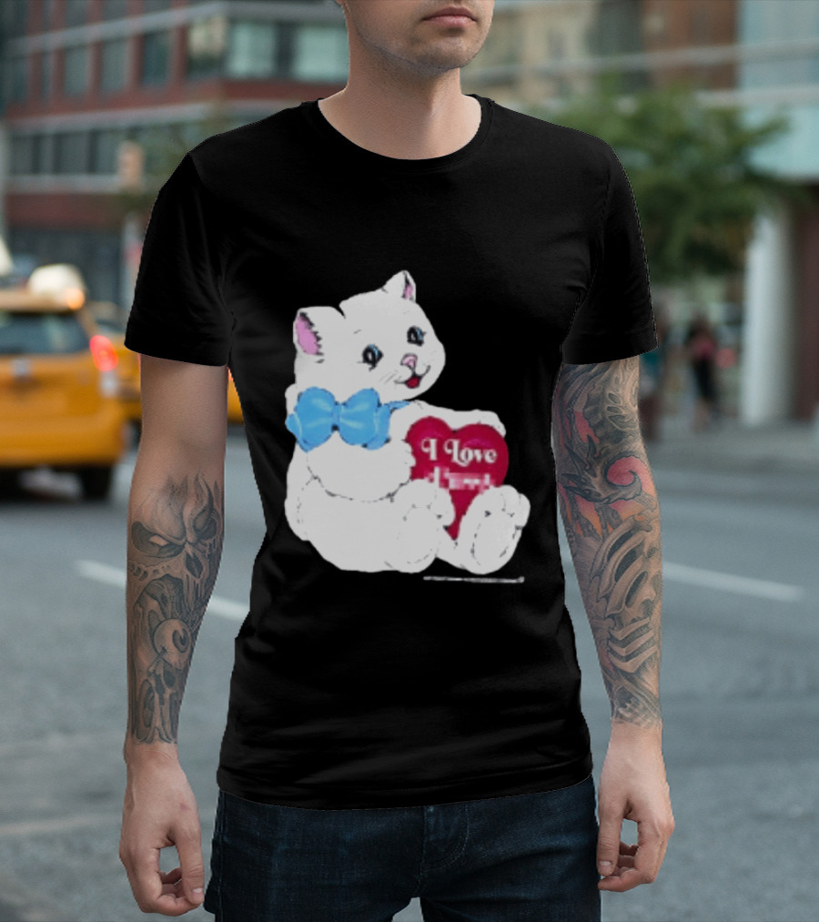 I Love Pussy Cats Heart Blue Bow Adorable White Kitten T-Shirt