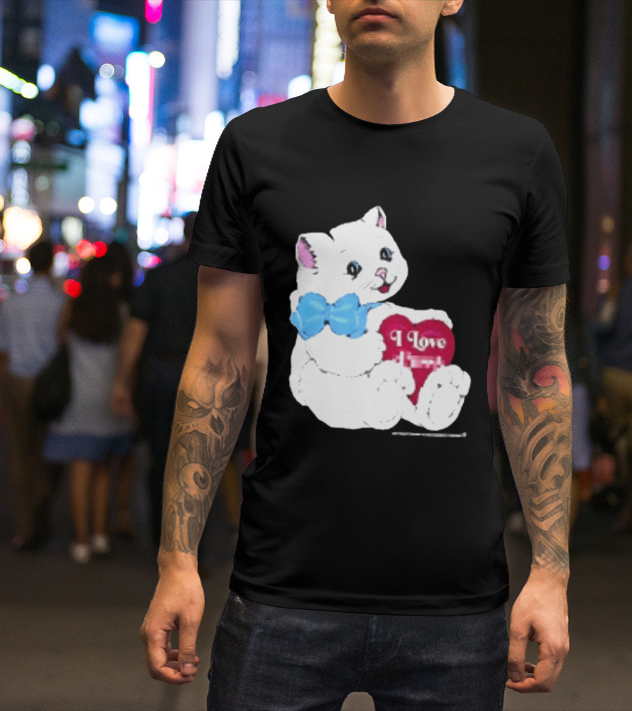 I Love Pussy Cats Heart Blue Bow Adorable White Kitten T-Shirt