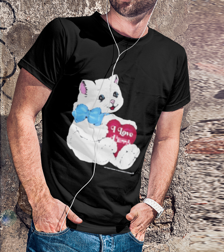 I Love Pussy Cats Heart Blue Bow Adorable White Kitten T-Shirt