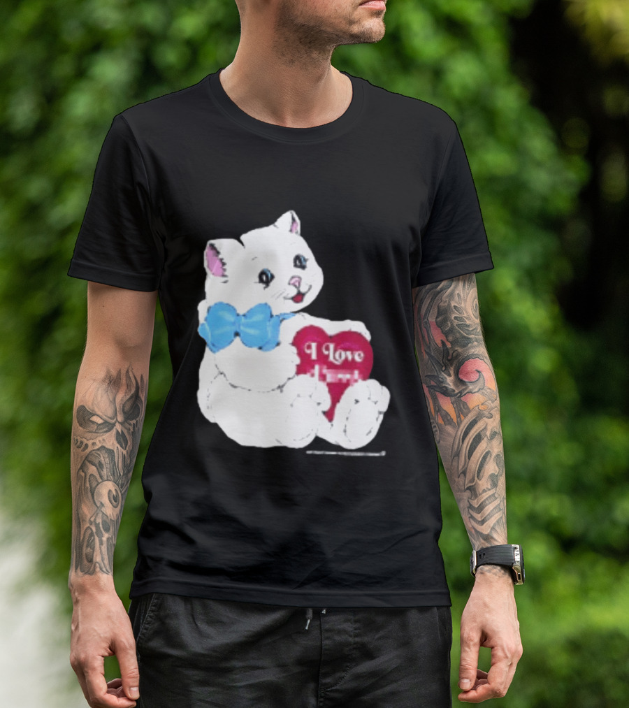 I Love Pussy Cats Heart Blue Bow Adorable White Kitten T-Shirt