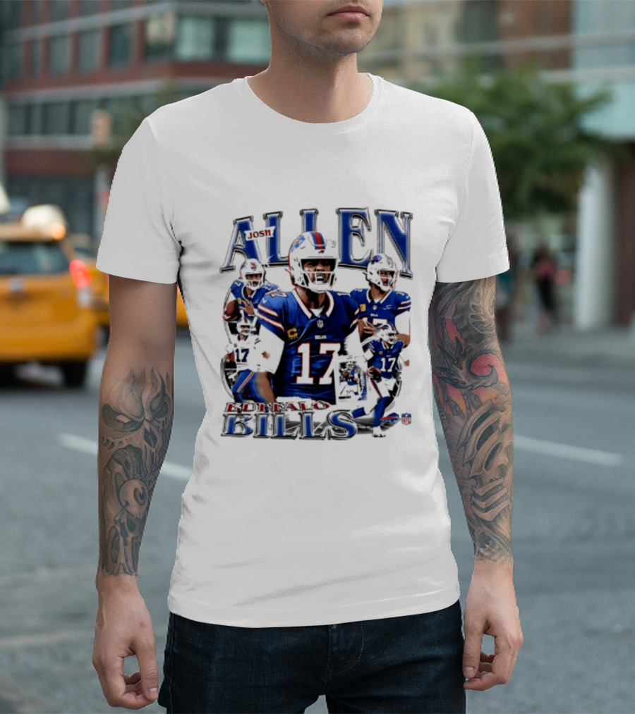 Josh Allen Buffalo Bills NFL Player Collage Featuring Number 17 Football Star T-Shirt