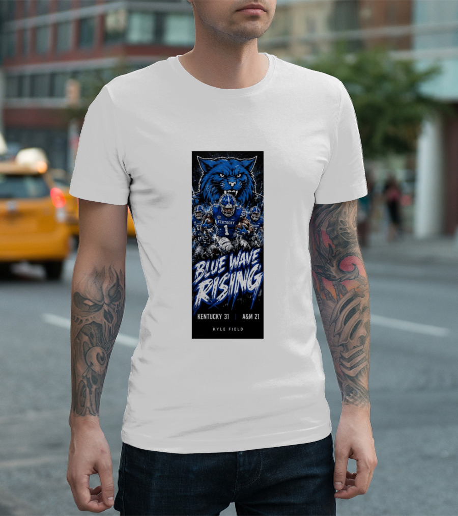NCAA Kentucky Wildcats Blue Wave Rising 31 To 21 Victory At Texas AM Kyle Field T-Shirt