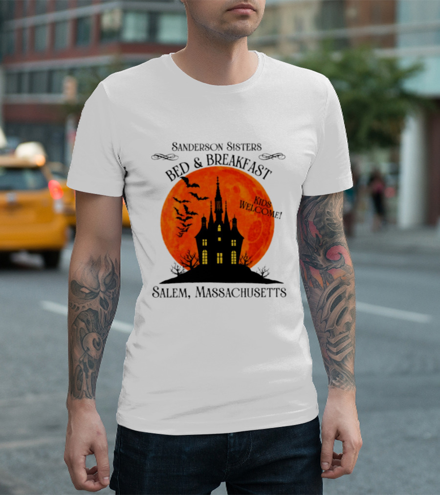 Sanderson Sisters Bed And Breakfast Kids Welcome Salem Massachusetts Halloween Bats Haunted House T-Shirt