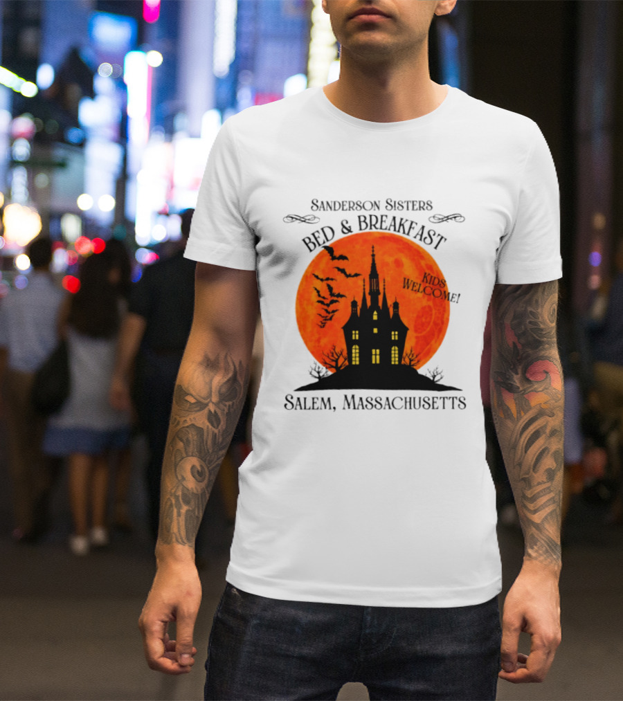Sanderson Sisters Bed And Breakfast Kids Welcome Salem Massachusetts Halloween Bats Haunted House T-Shirt
