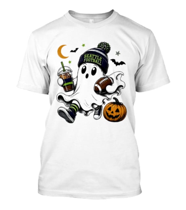 Seattle Football Halloween Ghost With Pumpkin Coffee And Moon T-Shirt