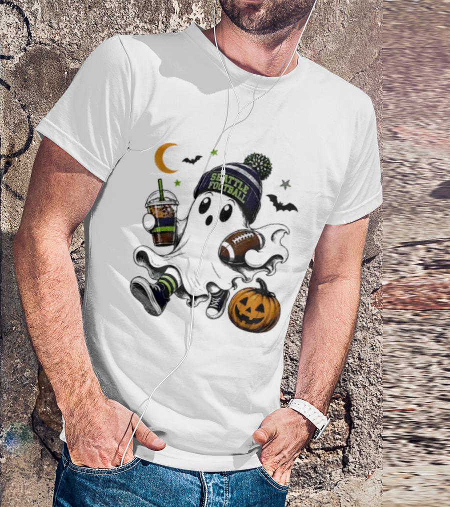 Seattle Football Halloween Ghost With Pumpkin Coffee And Moon T-Shirt