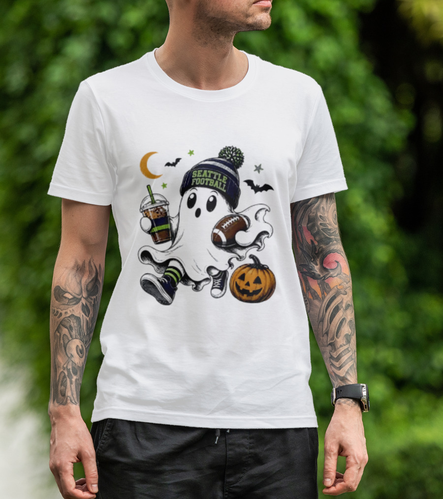 Seattle Football Halloween Ghost With Pumpkin Coffee And Moon T-Shirt