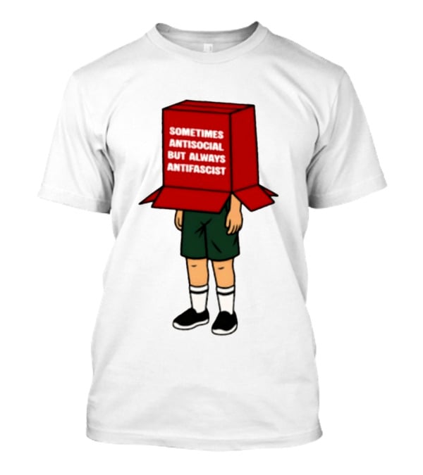 Sometimes Antisocial But Always Antifascist Box Head Cartoon T-Shirt