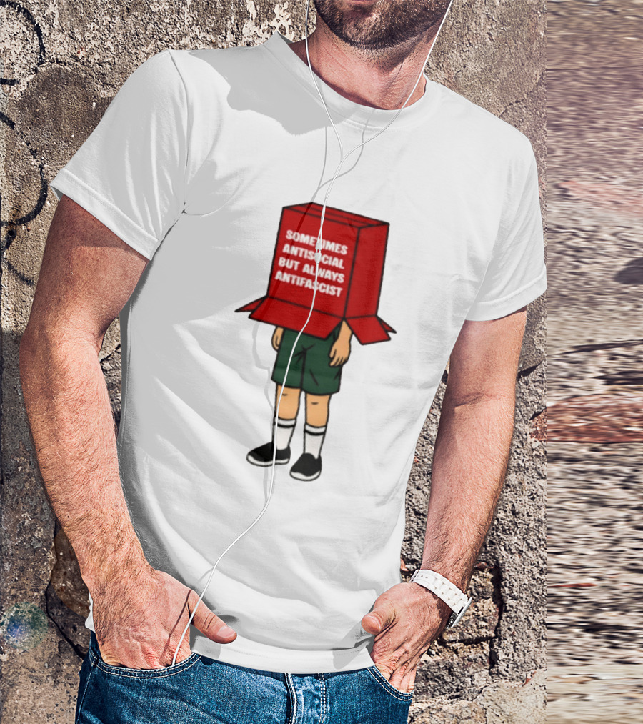 Sometimes Antisocial But Always Antifascist Box Head Cartoon T-Shirt