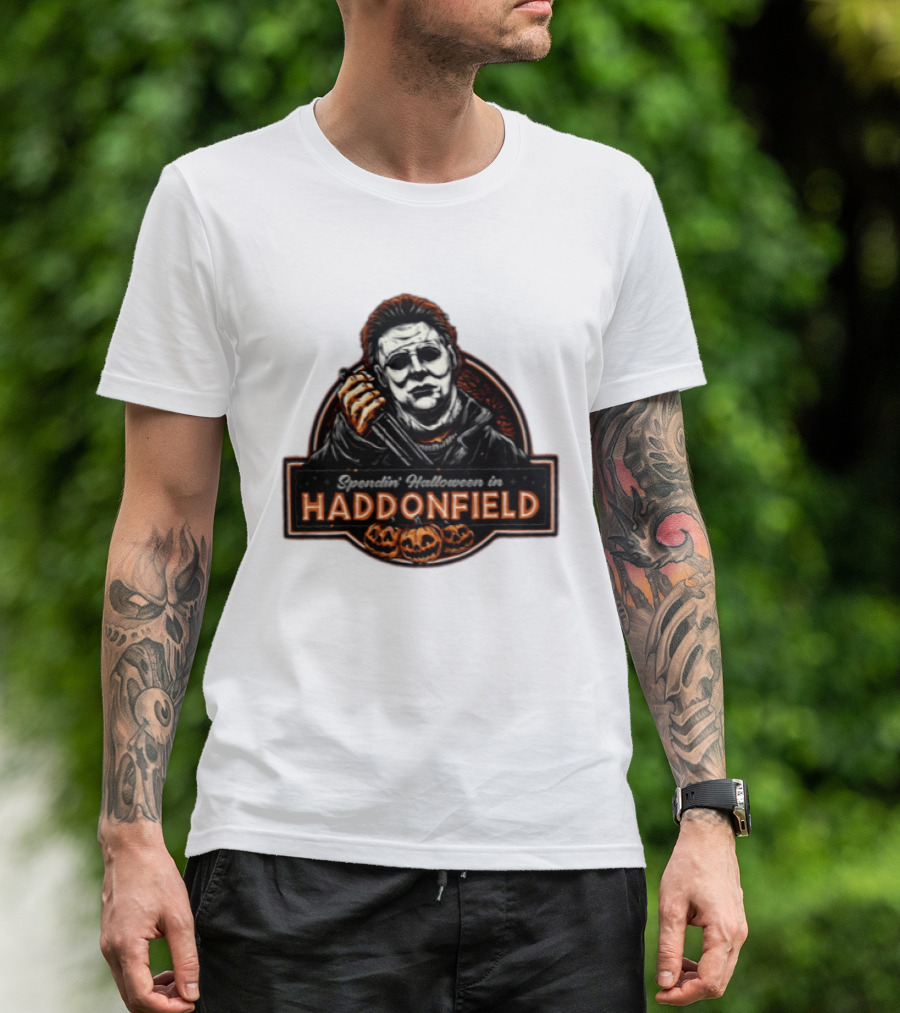 Michael Myers Spendin' Halloween In Haddonfield With Pumpkins T-Shirt