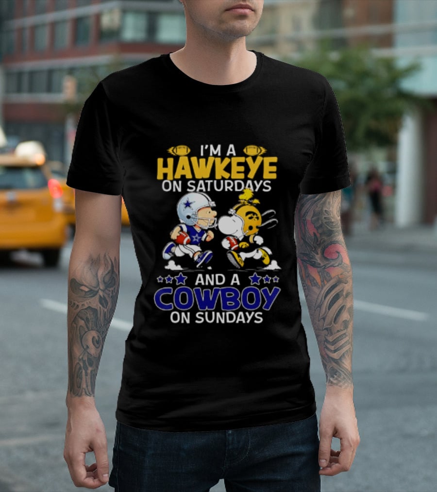 Peanuts I'm A Hawkeye On Saturdays And A Cowboy On Sundays Charlie Brown Snoopy T-Shirt