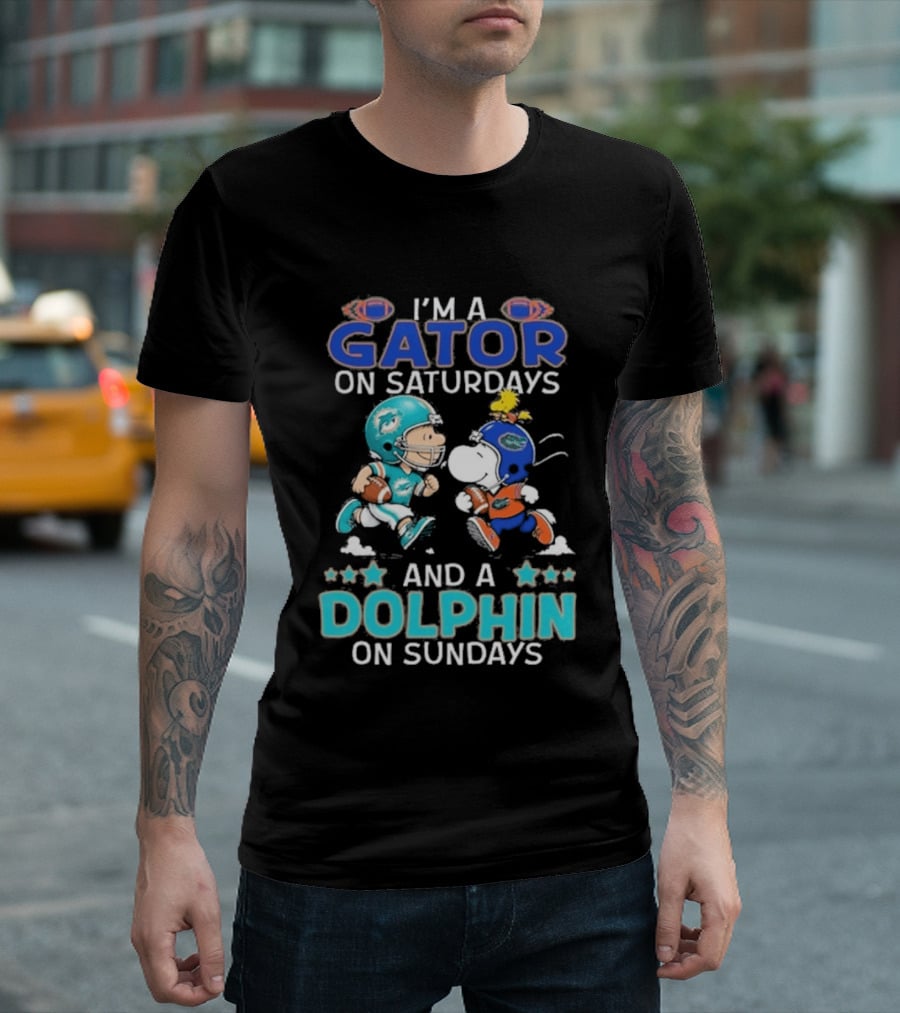 Charlie Brown Snoopy Gator Saturdays Dolphin Sundays Football T-Shirt