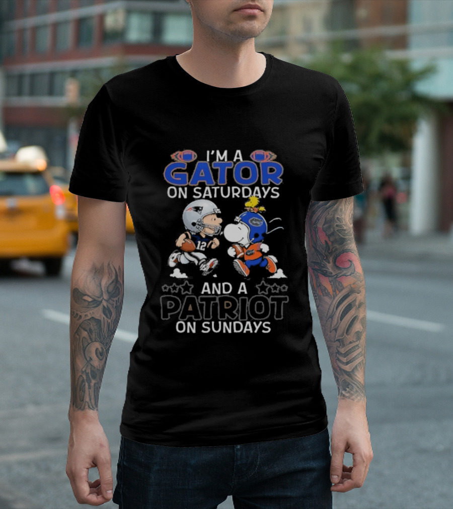 Charlie Brown Snoopy I'm A Gator On Saturdays And A Patriot On Sundays Football Fun T-Shirt