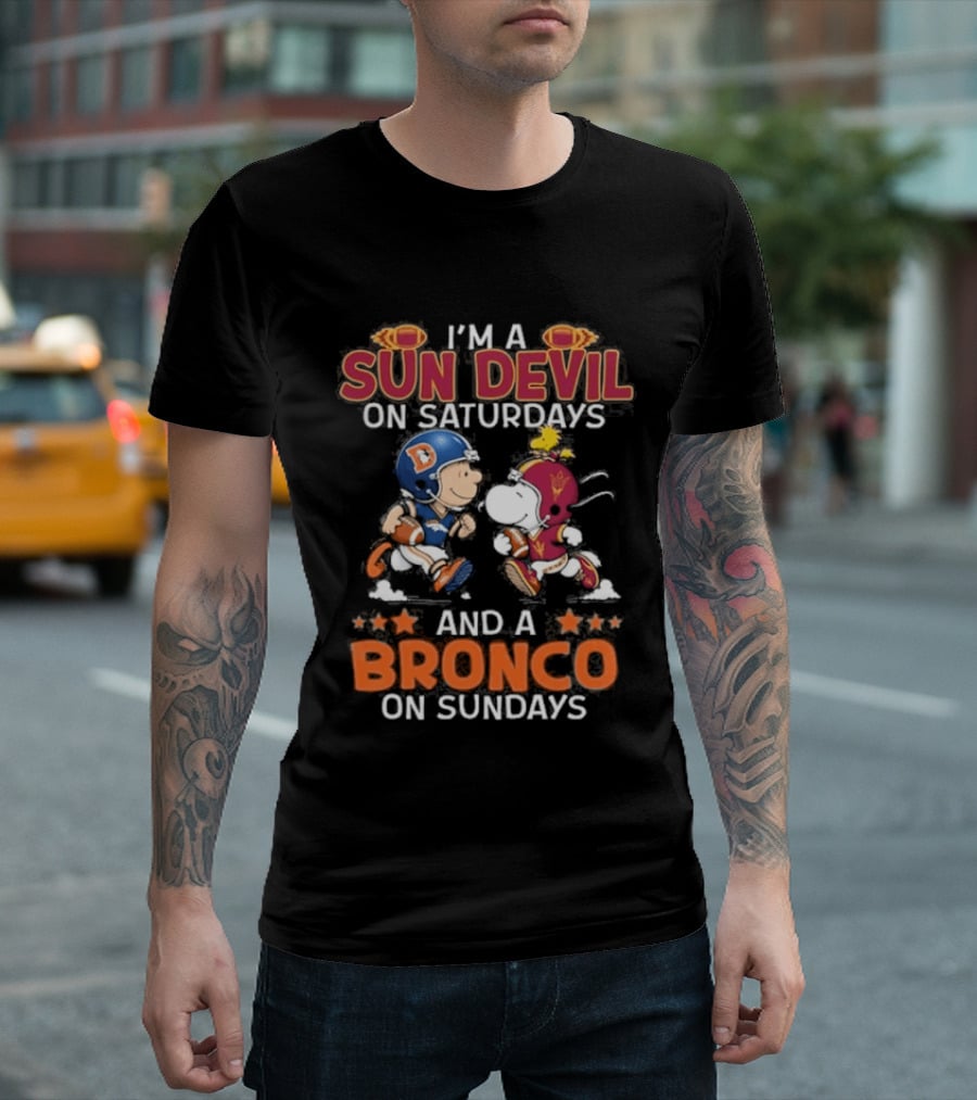 Charlie Brown Snoopy Sun Devil Saturdays Broncos Sundays Football Fan Duo T-Shirt