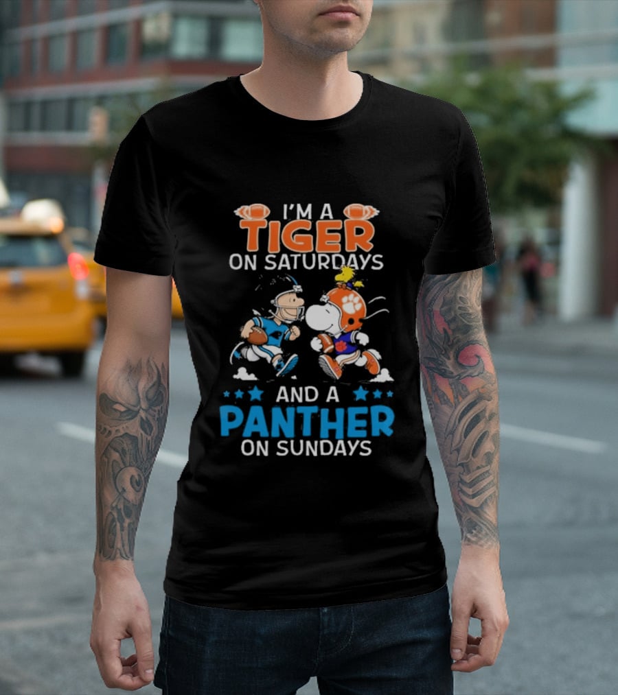 Charlie Brown Snoopy Tiger Saturdays Panther Sundays Football T-Shirt