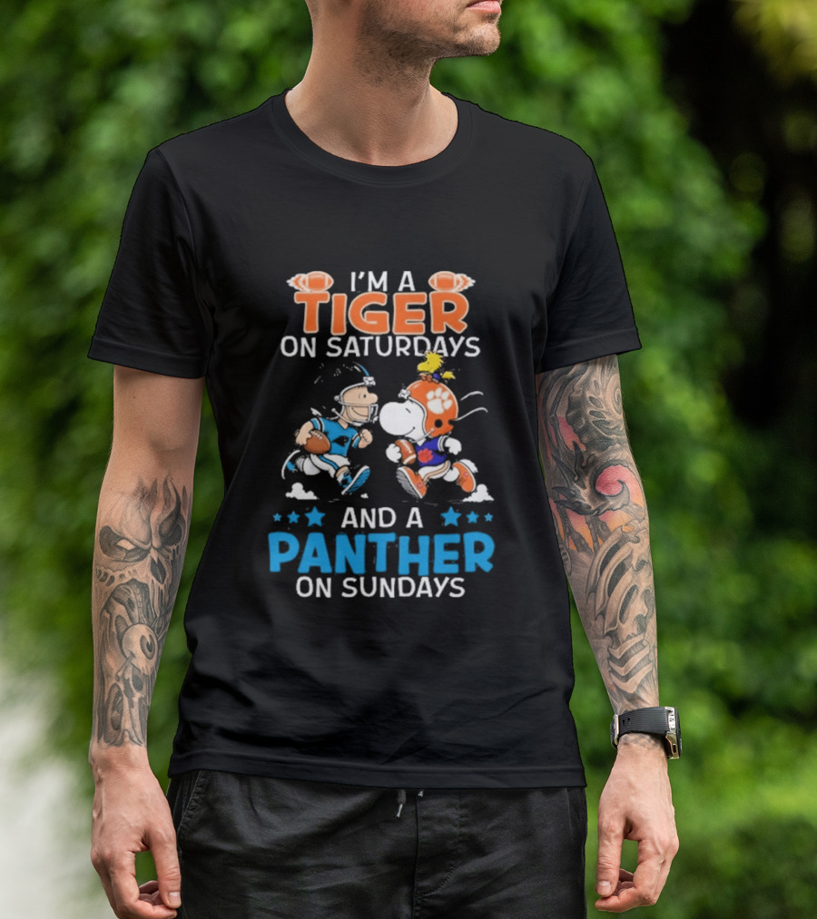 Charlie Brown Snoopy Tiger Saturdays Panther Sundays Football T-Shirt