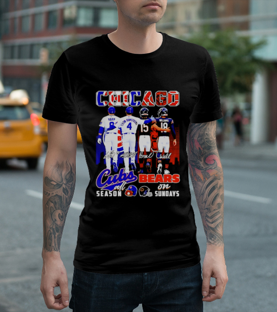 Chicago Cubs Happ And Bote Bears Fields And Moore Signature Skyline Sundays All Season T-Shirt