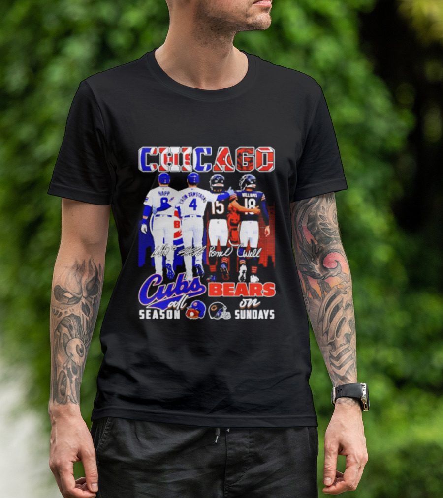Chicago Cubs Happ And Bote Bears Fields And Moore Signature Skyline Sundays All Season T-Shirt