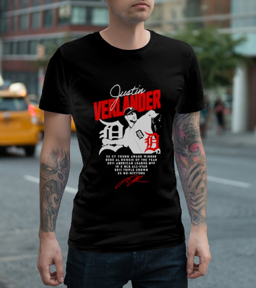 Detroit Tigers Justin Verlander No Hitter AL Rookie MVP Cy Young Winner MLB Career T-Shirt
