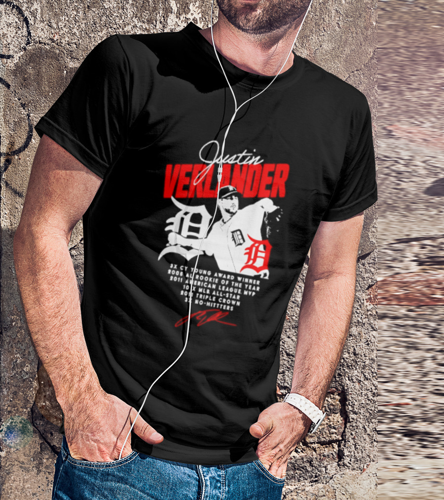 Detroit Tigers Justin Verlander No Hitter AL Rookie MVP Cy Young Winner MLB Career T-Shirt