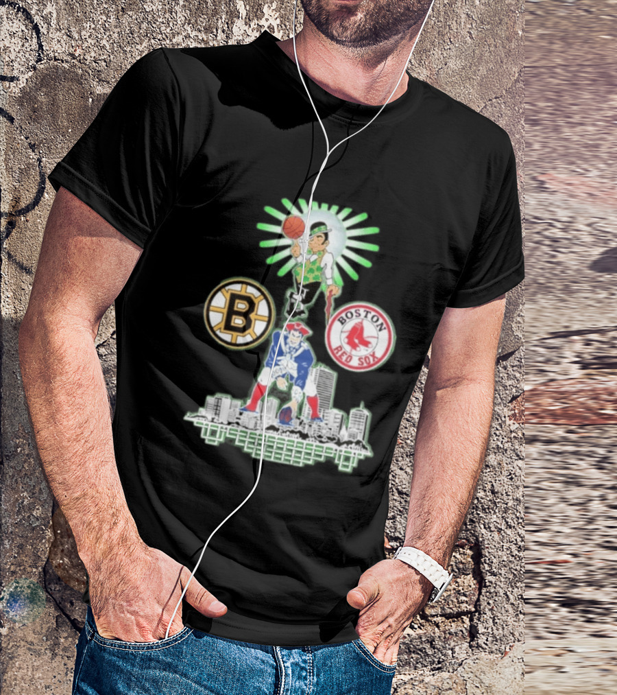 Boston Celtics Red Sox Bruins Skyline Triple Team Sports Boston T-Shirt