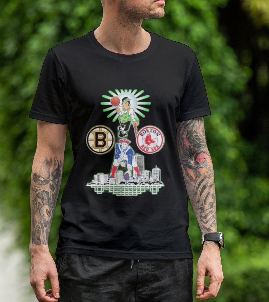 Boston Celtics Red Sox Bruins Skyline Triple Team Sports Boston T-Shirt