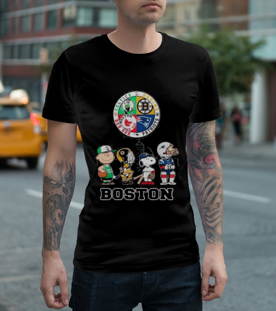 Boston Celtics Bruins Red Sox Patriots Cartoon Characters Skyline Sports T-Shirt