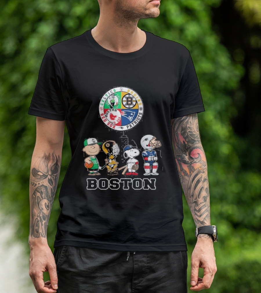 Boston Celtics Bruins Red Sox Patriots Cartoon Characters Skyline Sports T-Shirt