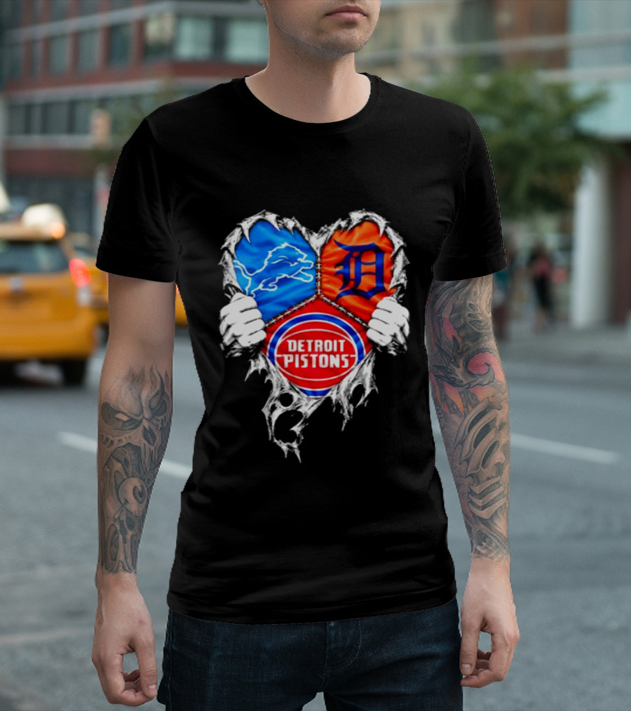 Detroit Lions Tigers Pistons Heart Scratch Mashup T-Shirt