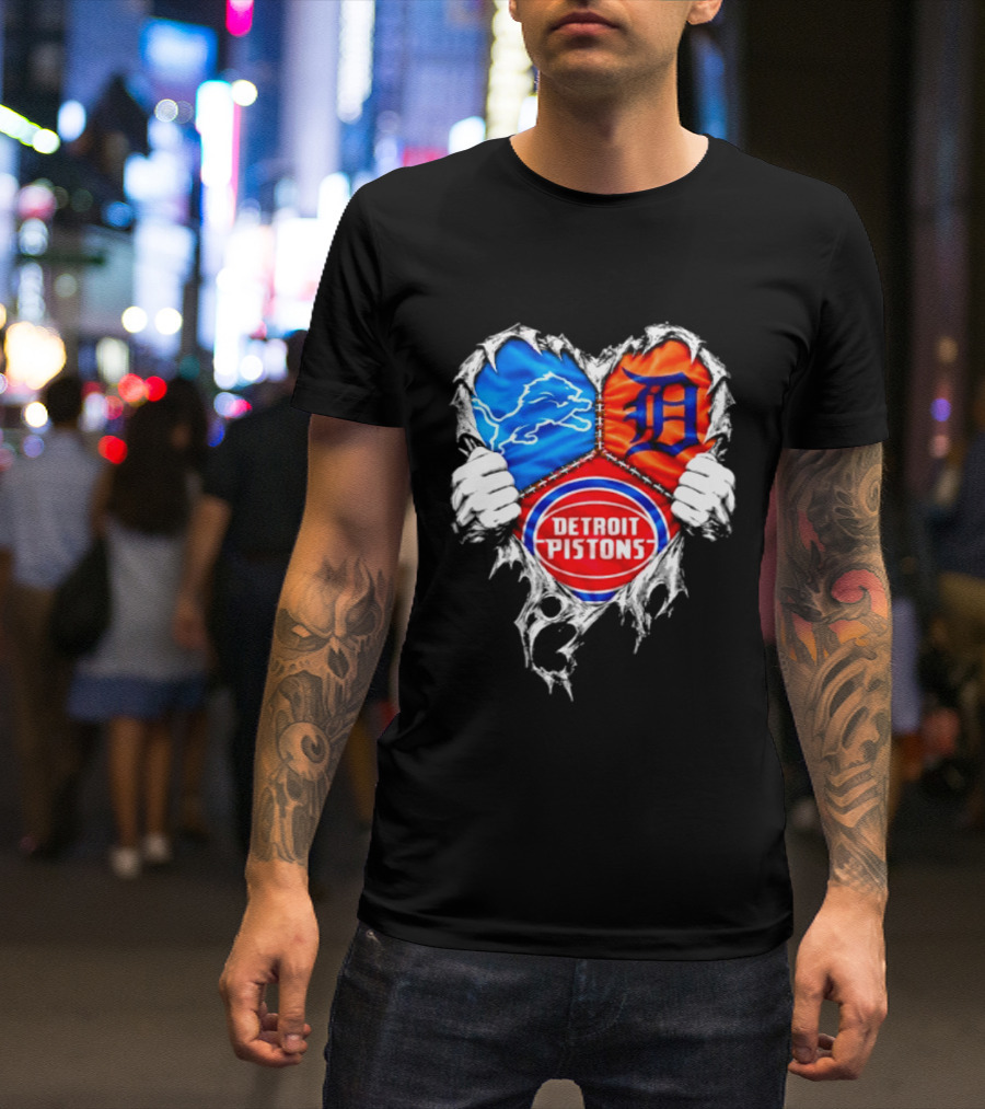 Detroit Lions Tigers Pistons Heart Scratch Mashup T-Shirt