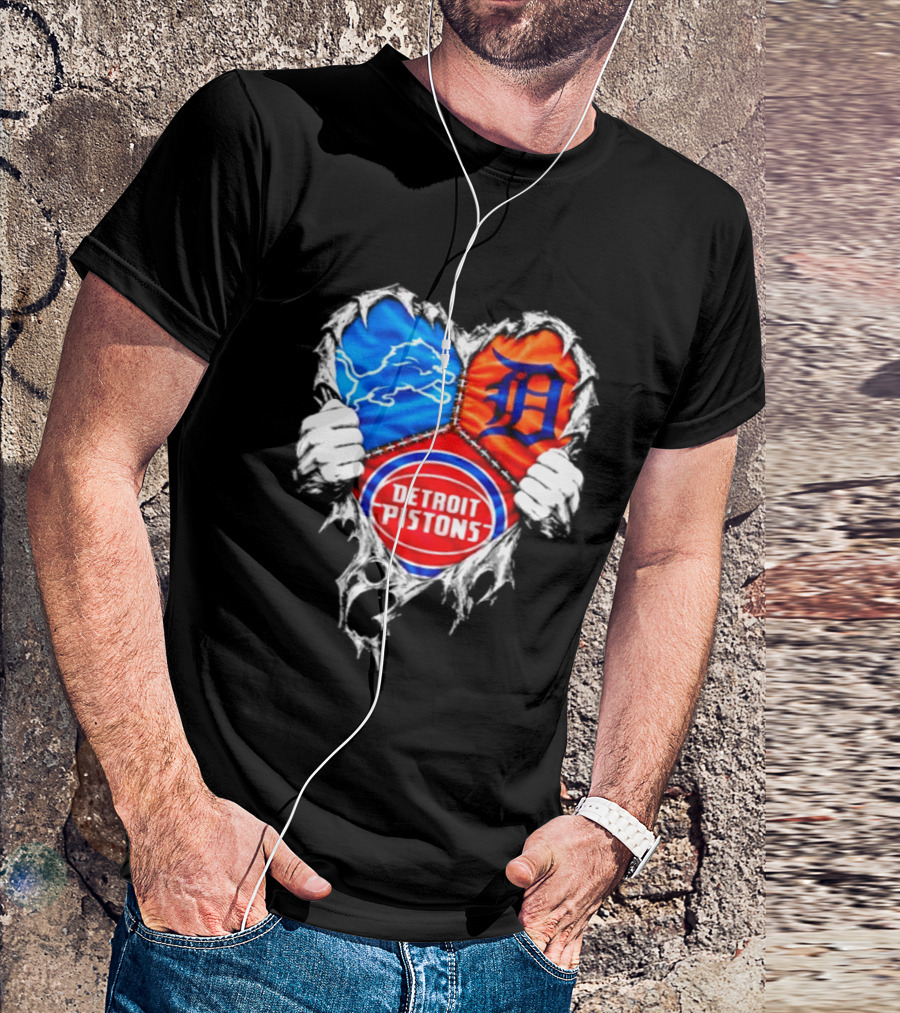 Detroit Lions Tigers Pistons Heart Scratch Mashup T-Shirt