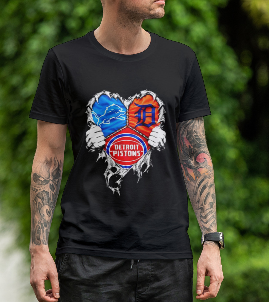 Detroit Lions Tigers Pistons Heart Scratch Mashup T-Shirt