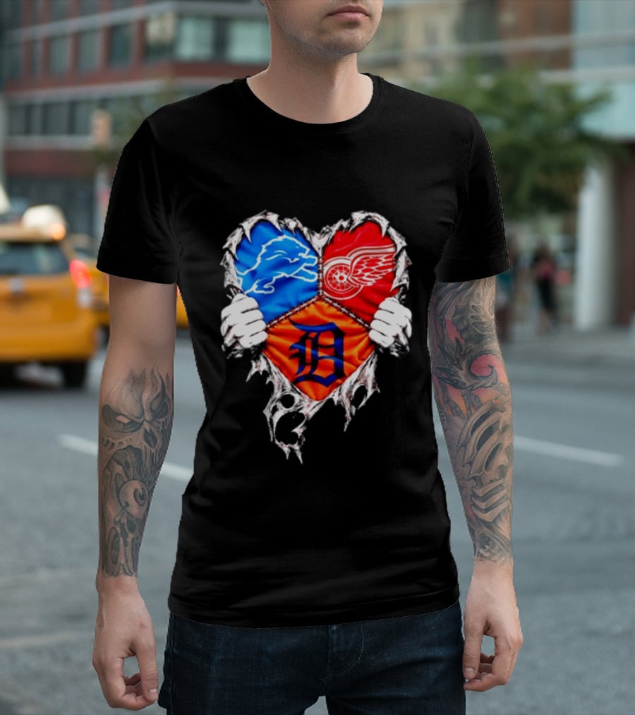 Detroit Lions Red Wings Tigers Heart Scratch Mashup T-Shirt