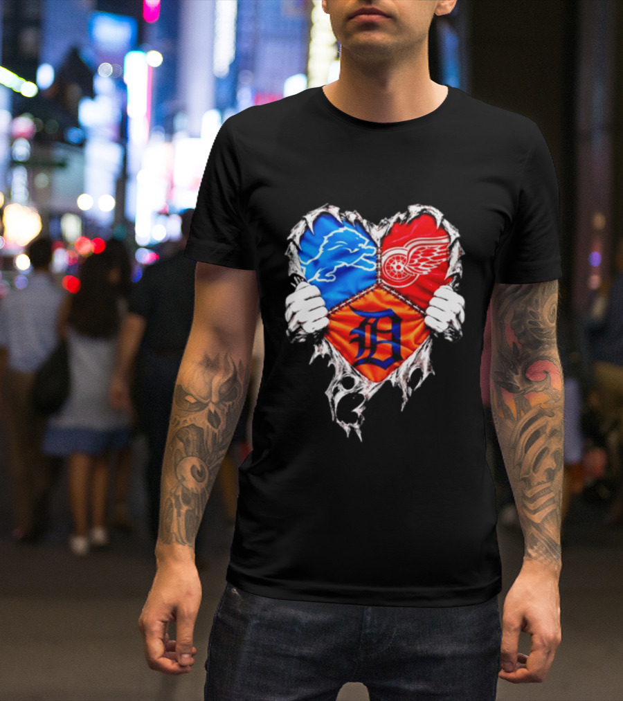 Detroit Lions Red Wings Tigers Heart Scratch Mashup T-Shirt