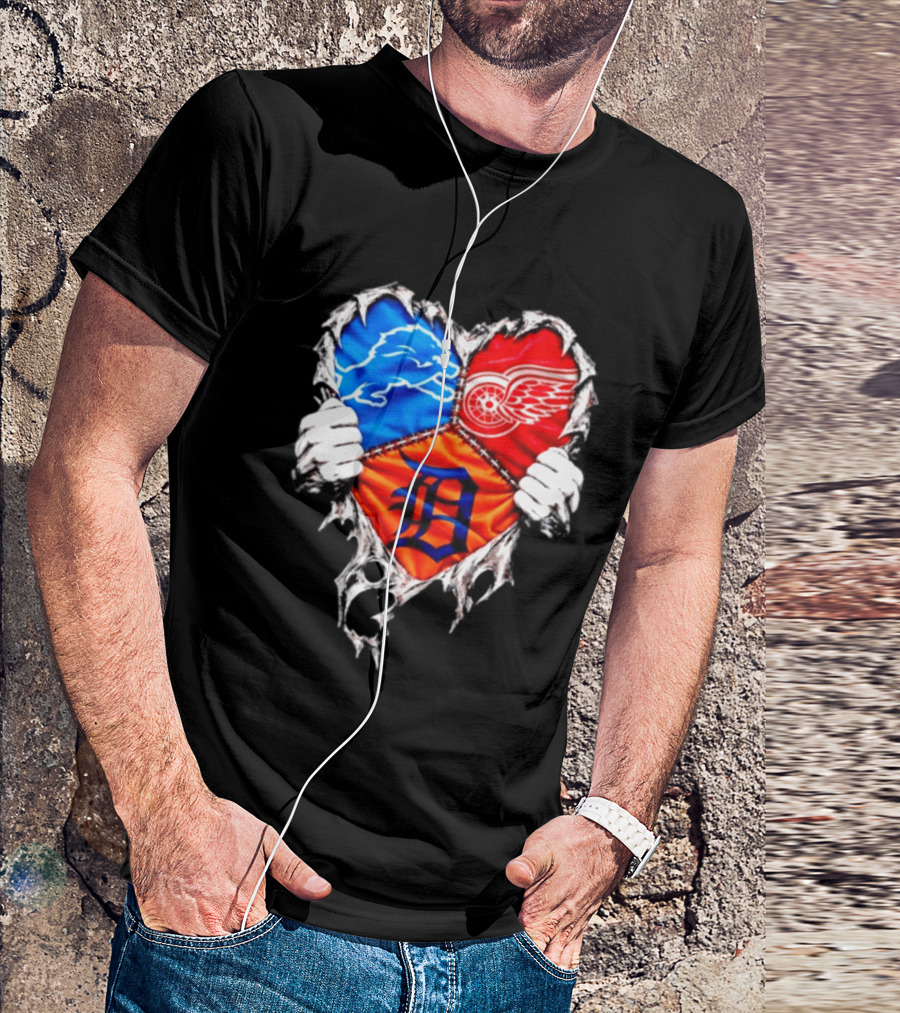 Detroit Lions Red Wings Tigers Heart Scratch Mashup T-Shirt