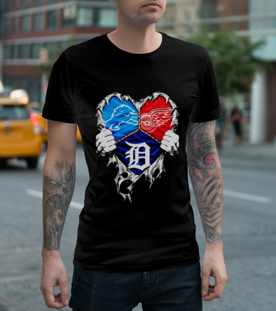 Detroit Lions Red Wings Tigers Heart Scratch Mashup T-Shirt