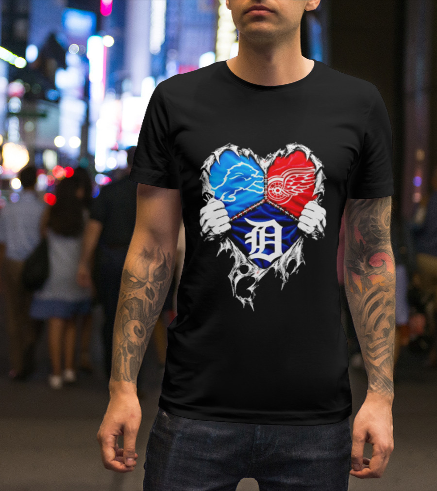 Detroit Lions Red Wings Tigers Heart Scratch Mashup T-Shirt