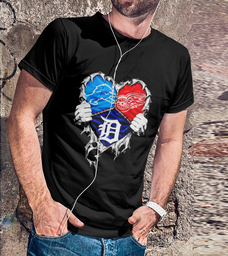 Detroit Lions Red Wings Tigers Heart Scratch Mashup T-Shirt