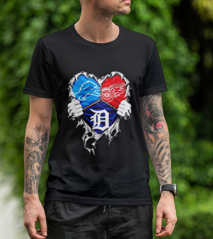 Detroit Lions Red Wings Tigers Heart Scratch Mashup T-Shirt