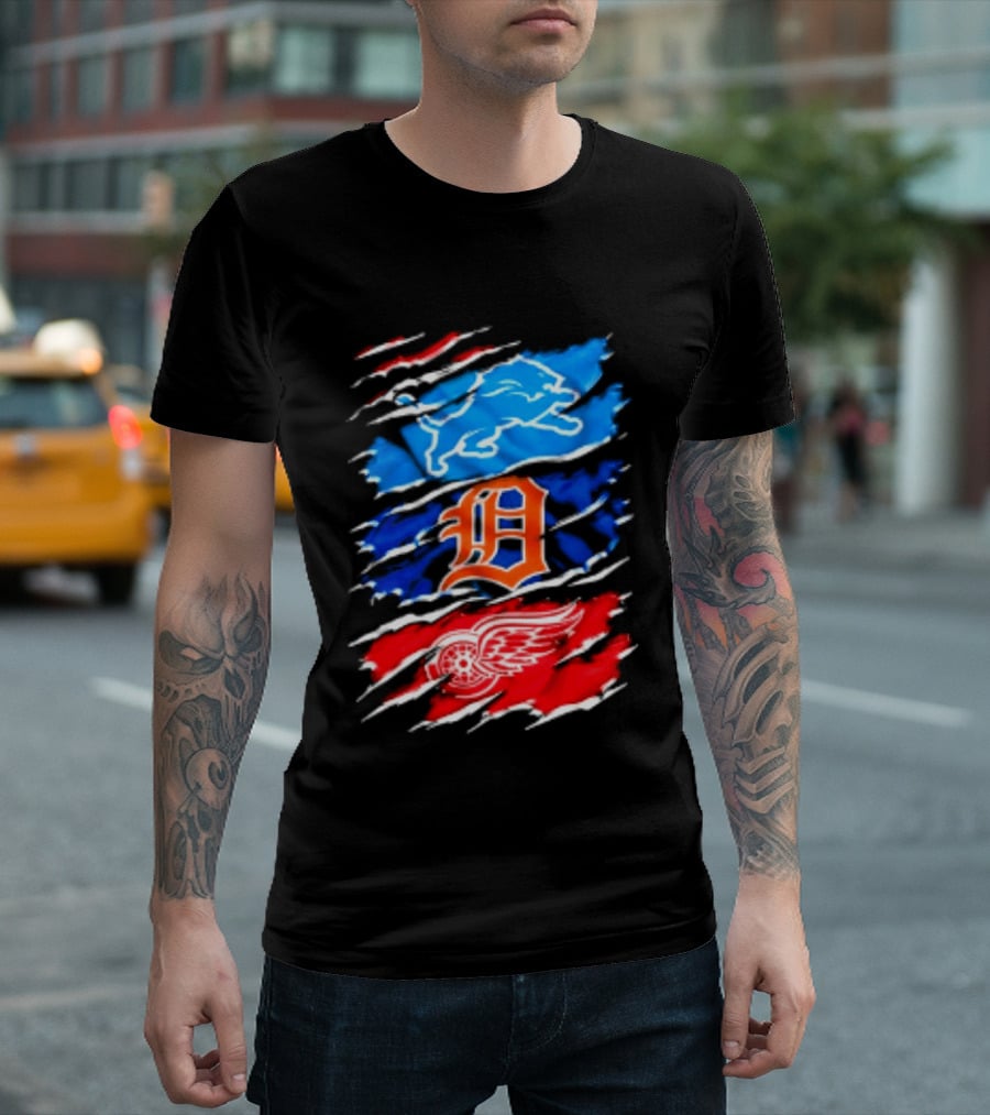 Detroit Lions Tigers Red Wings Scratch Mashup T-Shirt