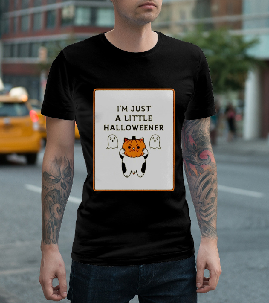 I'm Just A Little Halloweener Cat Holding Pumpkin Face With Ghosts T-Shirt
