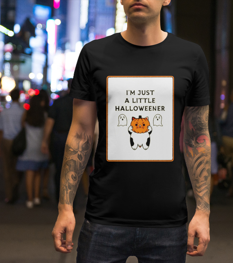 I'm Just A Little Halloweener Cat Holding Pumpkin Face With Ghosts T-Shirt