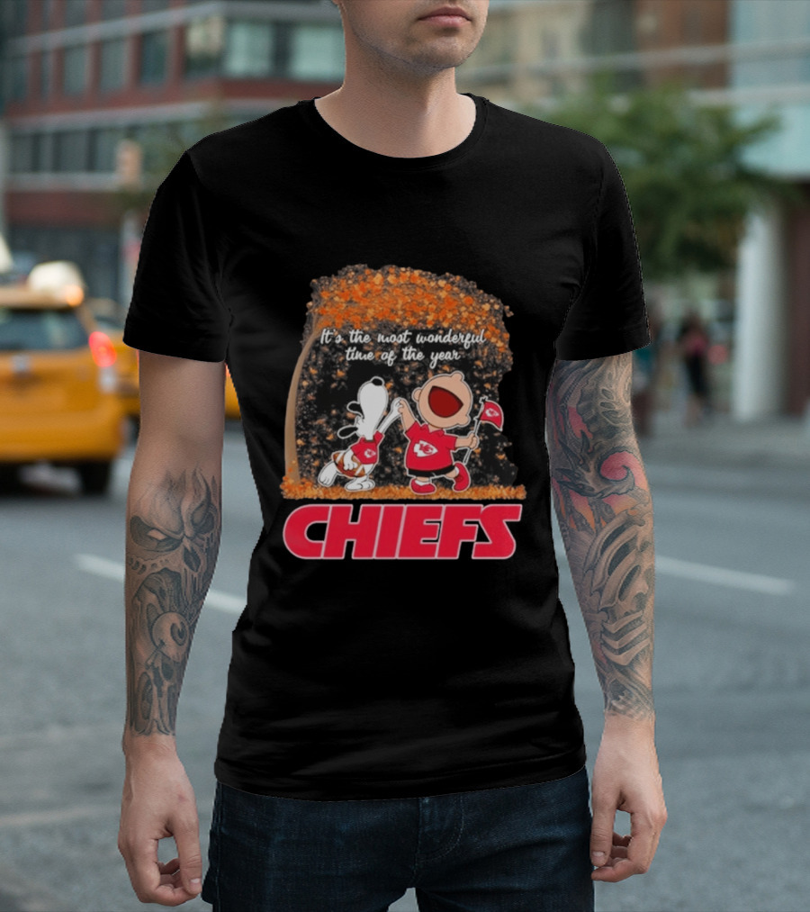 Kansas City Chiefs Snoopy Charlie Brown Dancing It's The Most Wonderful Time Of The Year T-Shirt