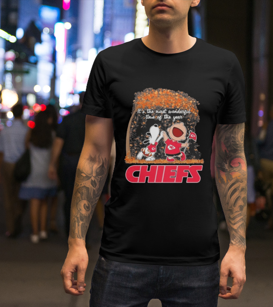 Kansas City Chiefs Snoopy Charlie Brown Dancing It's The Most Wonderful Time Of The Year T-Shirt